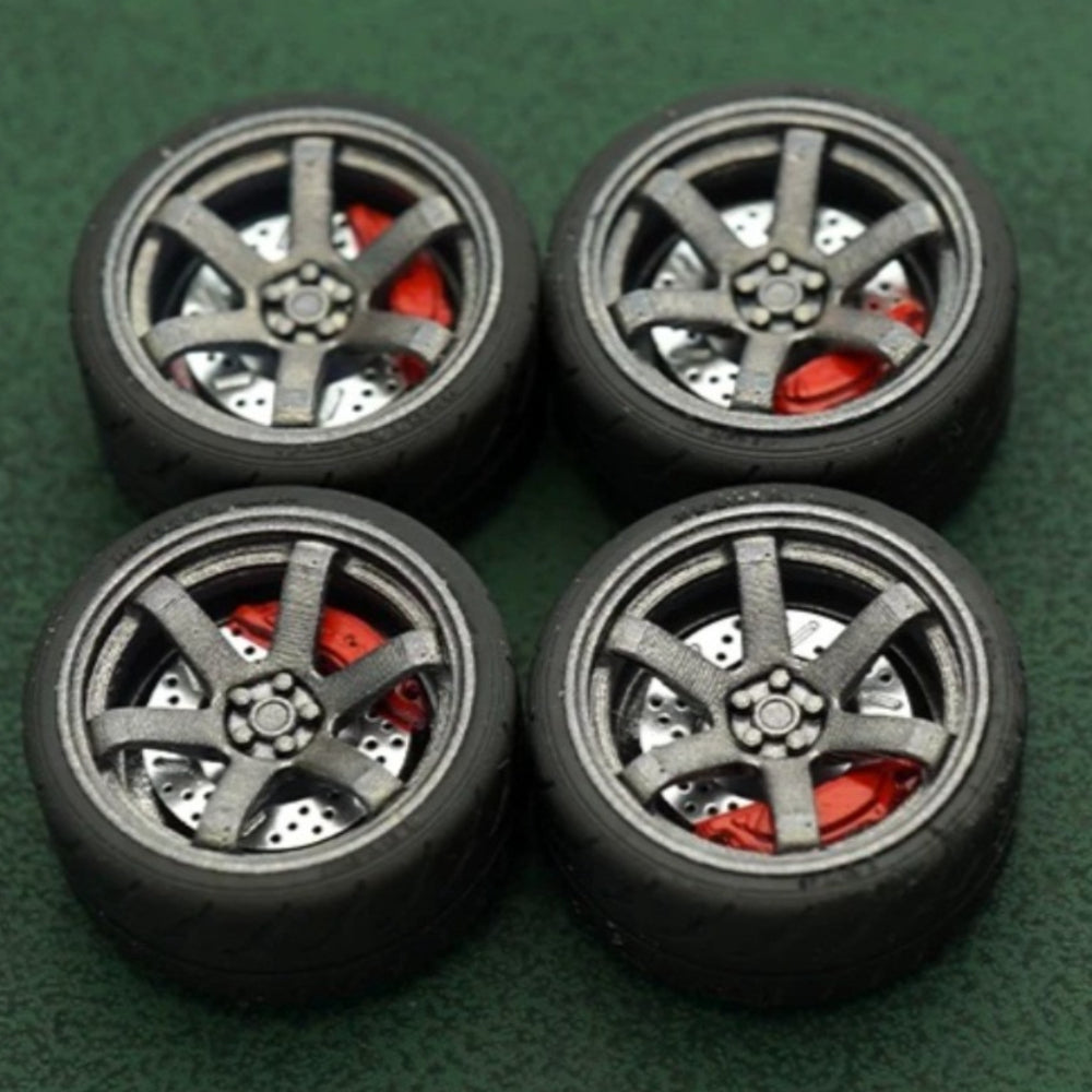 1/64 Bearing Wheels – JDM Six-Spoke Rims with Rubber Tires