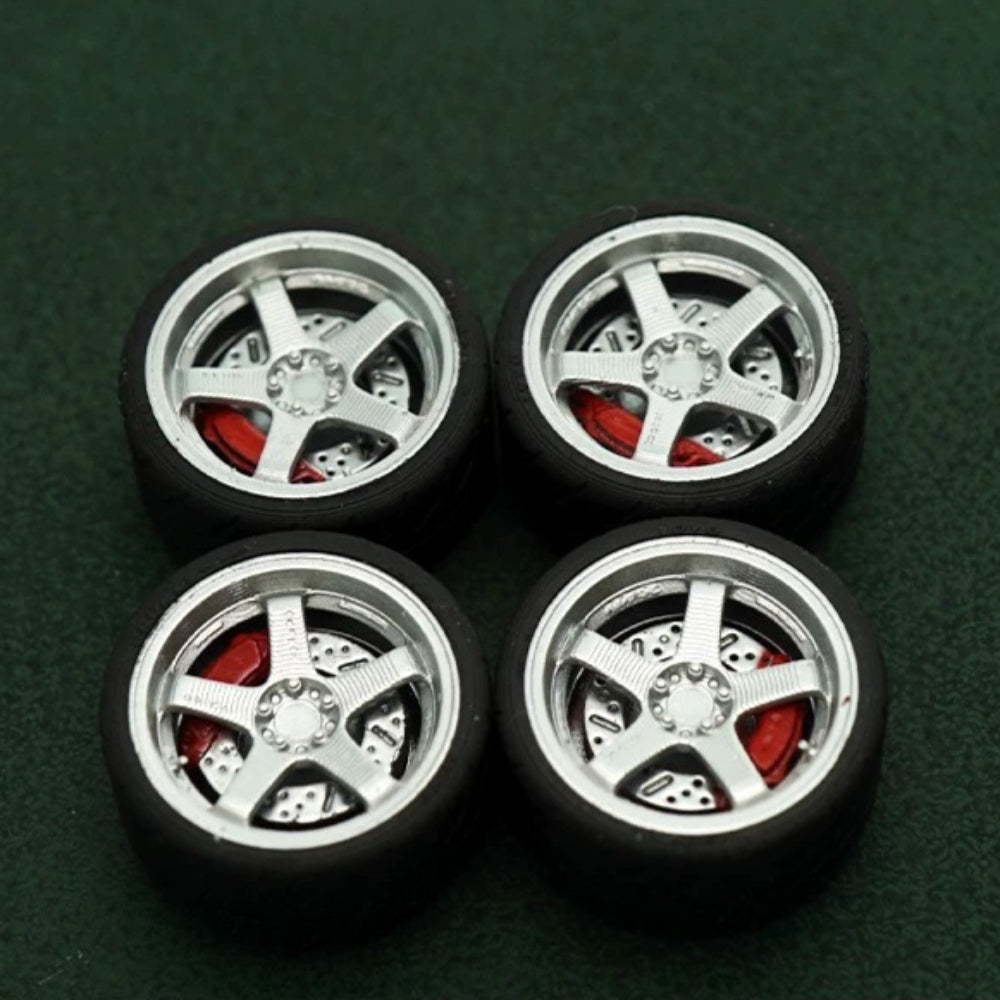 1/64 Bearing Wheels – JDM Five-Spoke Rims with Rubber Tires