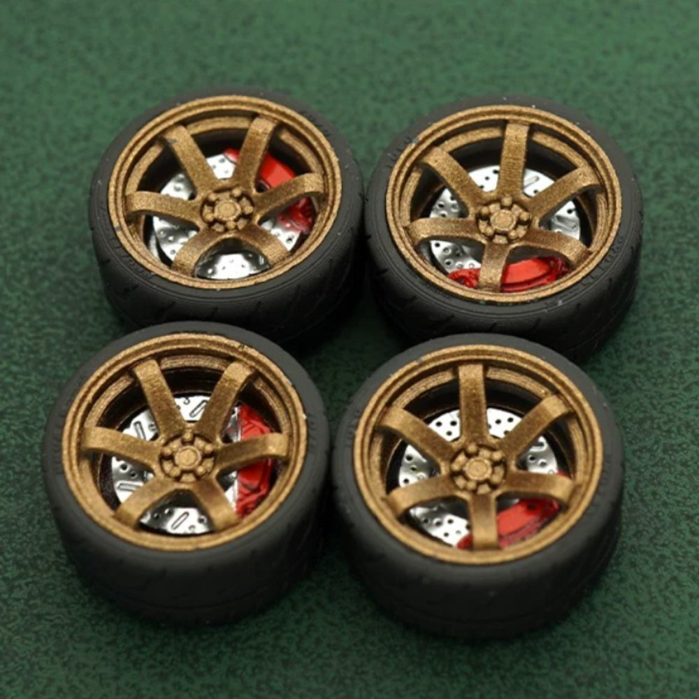 1/64 Bearing Wheels – JDM Six-Spoke Rims with Rubber Tires
