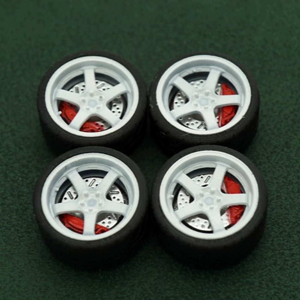 1/64 Bearing Wheels – JDM Five-Spoke Rims with Rubber Tires