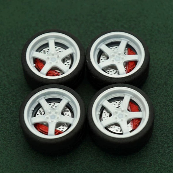 1/64 Bearing Wheels – JDM Five-Spoke Rims with Rubber Tires