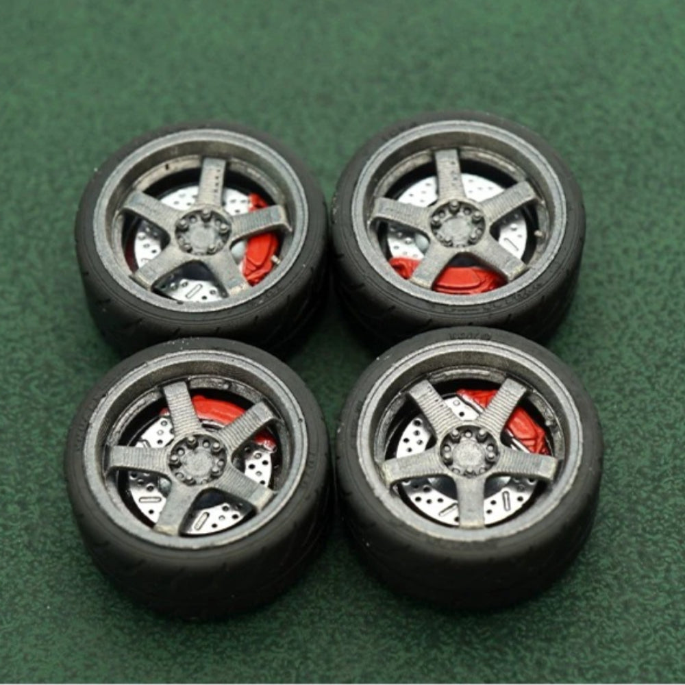1/64 Bearing Wheels – JDM Five-Spoke Rims with Rubber Tires