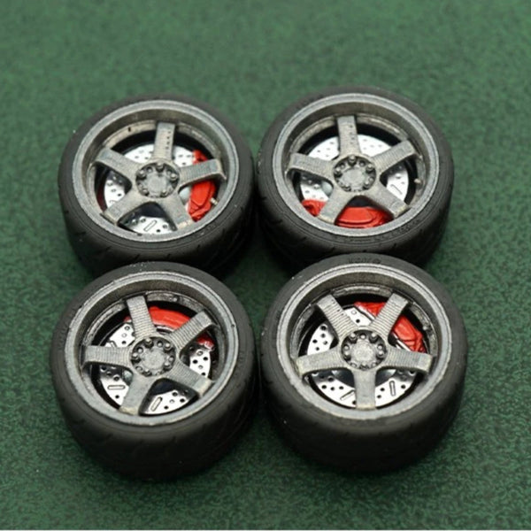 1/64 Bearing Wheels – JDM Five-Spoke Rims with Rubber Tires