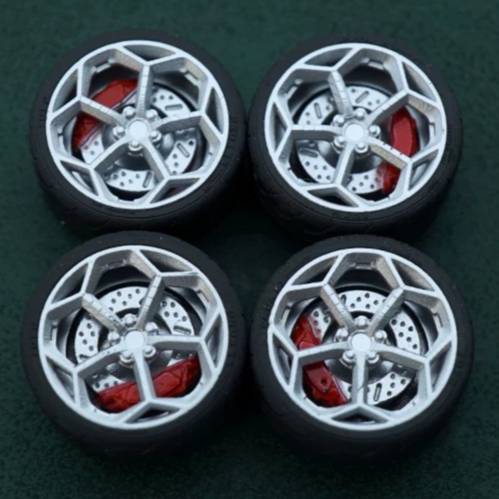 1/64 Bearing Wheels – Pentagon Five-Lug Rims with Rubber Tires Main image