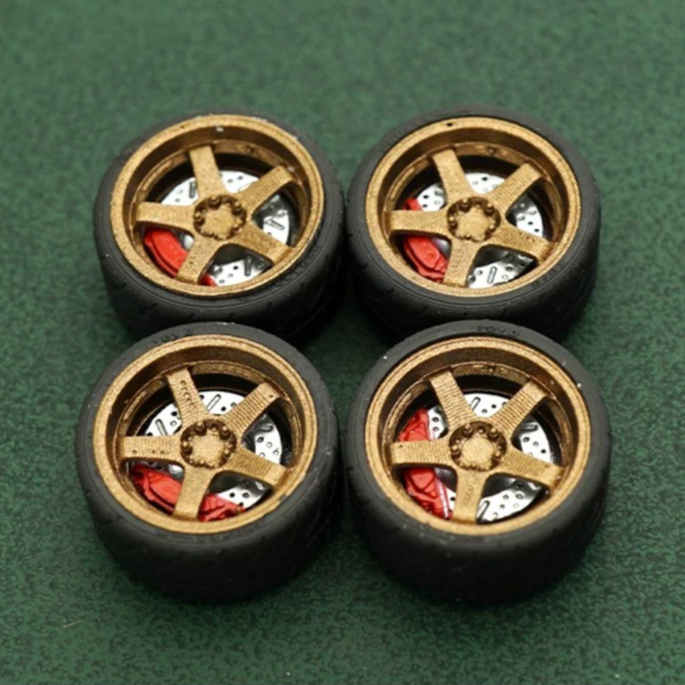 1/64 Bearing Wheels – JDM Five-Spoke Rims with Rubber Tires
