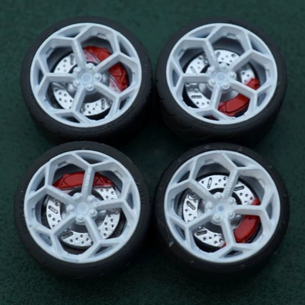 1/64 Bearing Wheels – Pentagon Five-Lug Rims with Rubber Tires