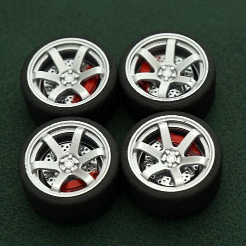 1/64 Bearing Wheels – JDM Six-Spoke Rims with Rubber Tires