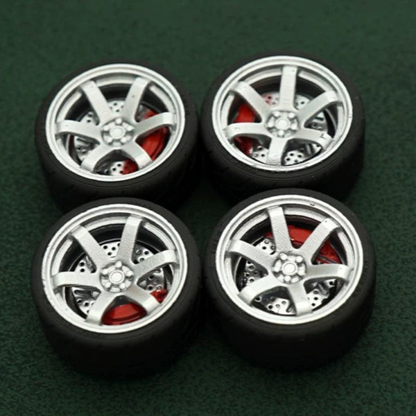 1/64 Bearing Wheels – JDM Six-Spoke Rims with Rubber Tires