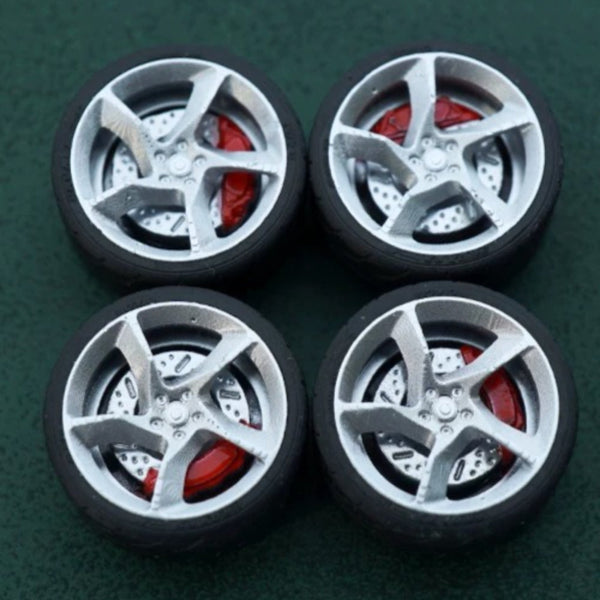 1/64 Bearing Wheels – Daytona SP3-Style Five-Spoke Rims with Rubber Tires