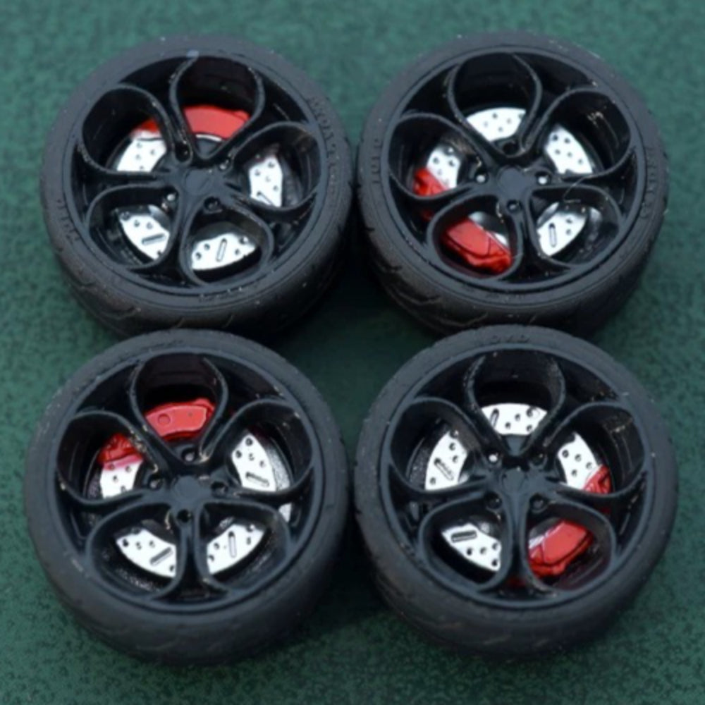 1/64 Bearing Wheels – Flower-Spoke Rims with Rubber Tires