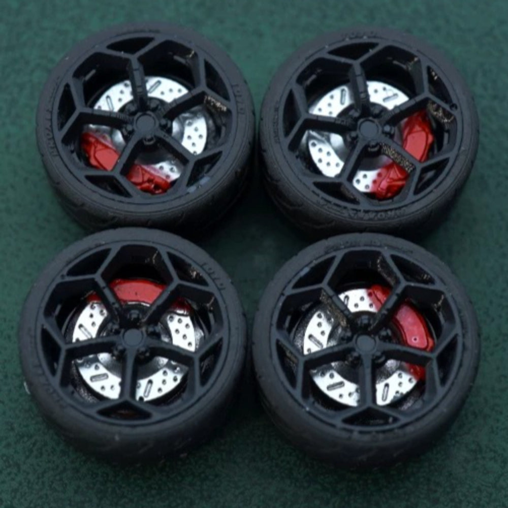 1/64 Bearing Wheels – Pentagon Five-Lug Rims with Rubber Tires