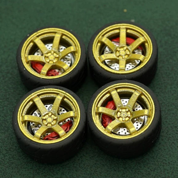 1/64 Bearing Wheels – JDM Six-Spoke Rims with Rubber Tires