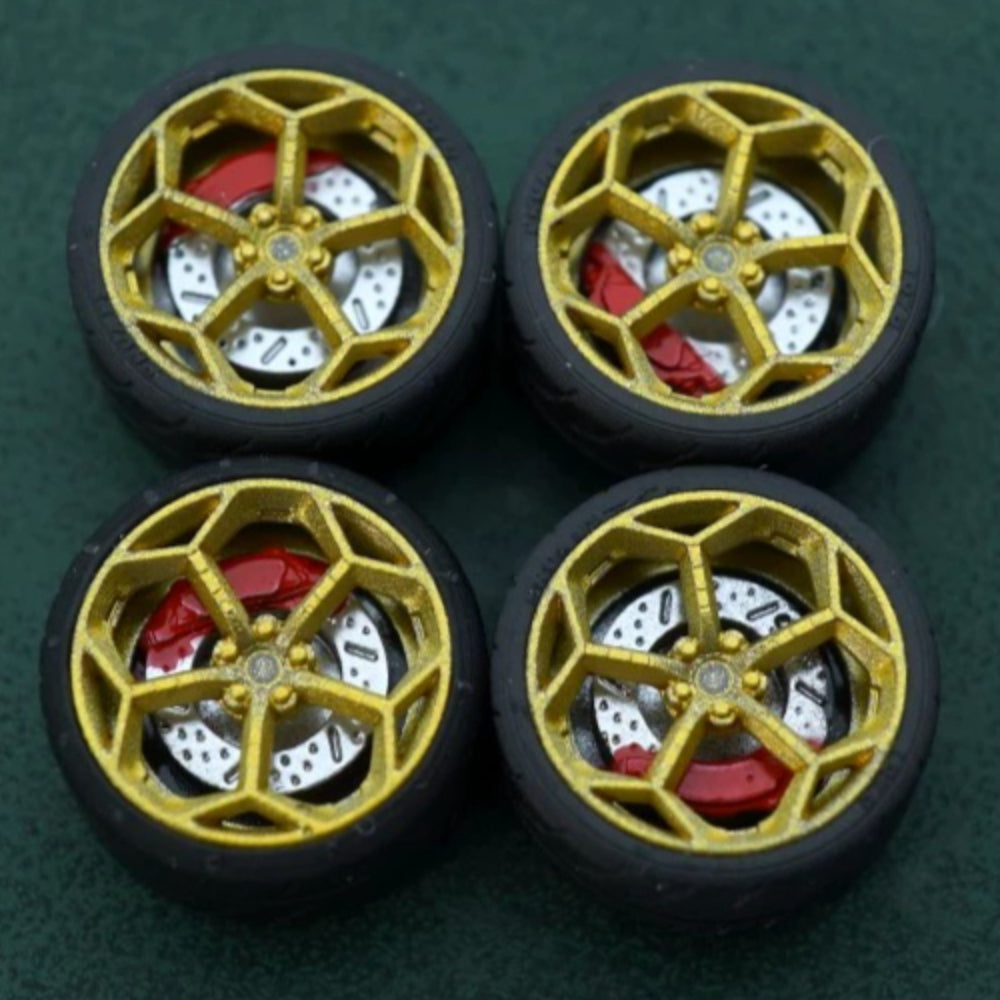 1/64 Bearing Wheels – Pentagon Five-Lug Rims with Rubber Tires