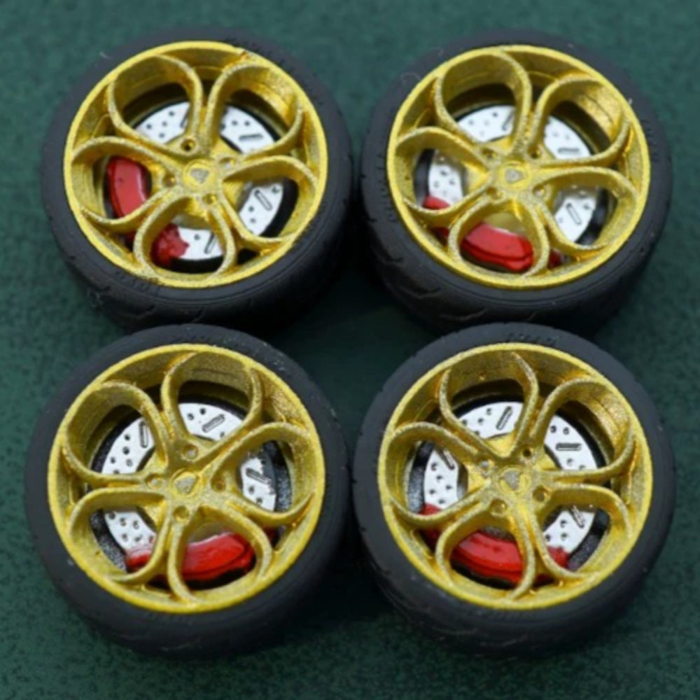 1/64 Bearing Wheels – Flower-Spoke Rims with Rubber Tires