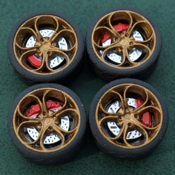 1/64 Bearing Wheels – Flower-Spoke Rims with Rubber Tires