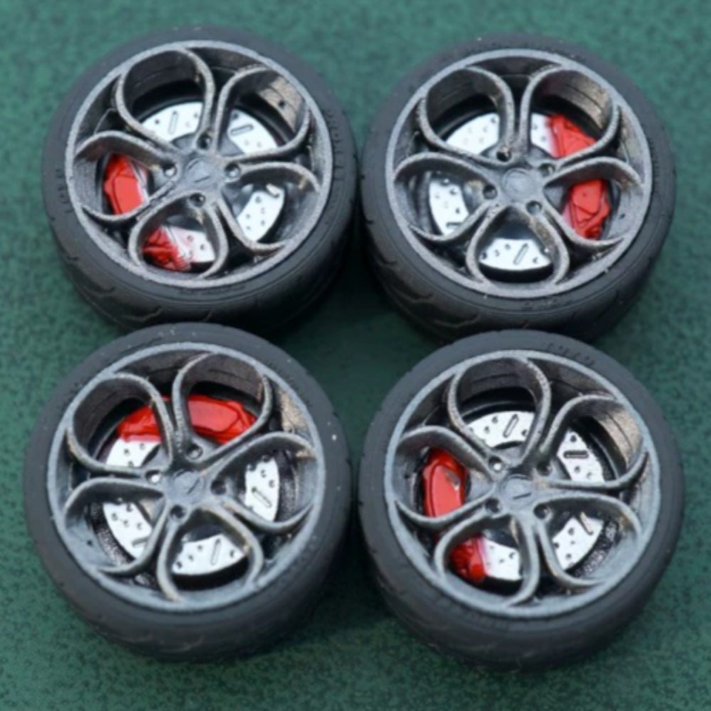 1/64 Bearing Wheels – Flower-Spoke Rims with Rubber Tires