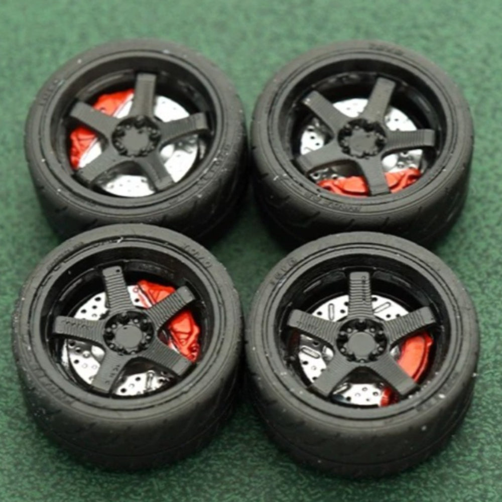 1/64 Bearing Wheels – JDM Five-Spoke Rims with Rubber Tires Main image