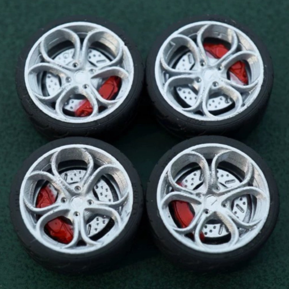 1/64 Bearing Wheels – Flower-Spoke Rims with Rubber Tires