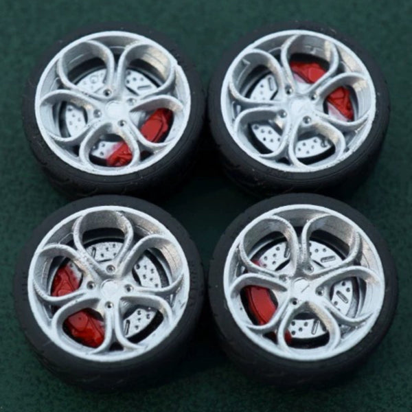 1/64 Bearing Wheels – Flower-Spoke Rims with Rubber Tires